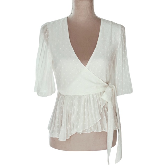 Business Casual Top Workwear Office White Swiss Dot Wrap Peplum Blouse Sz 2 - Picture 4 of 11